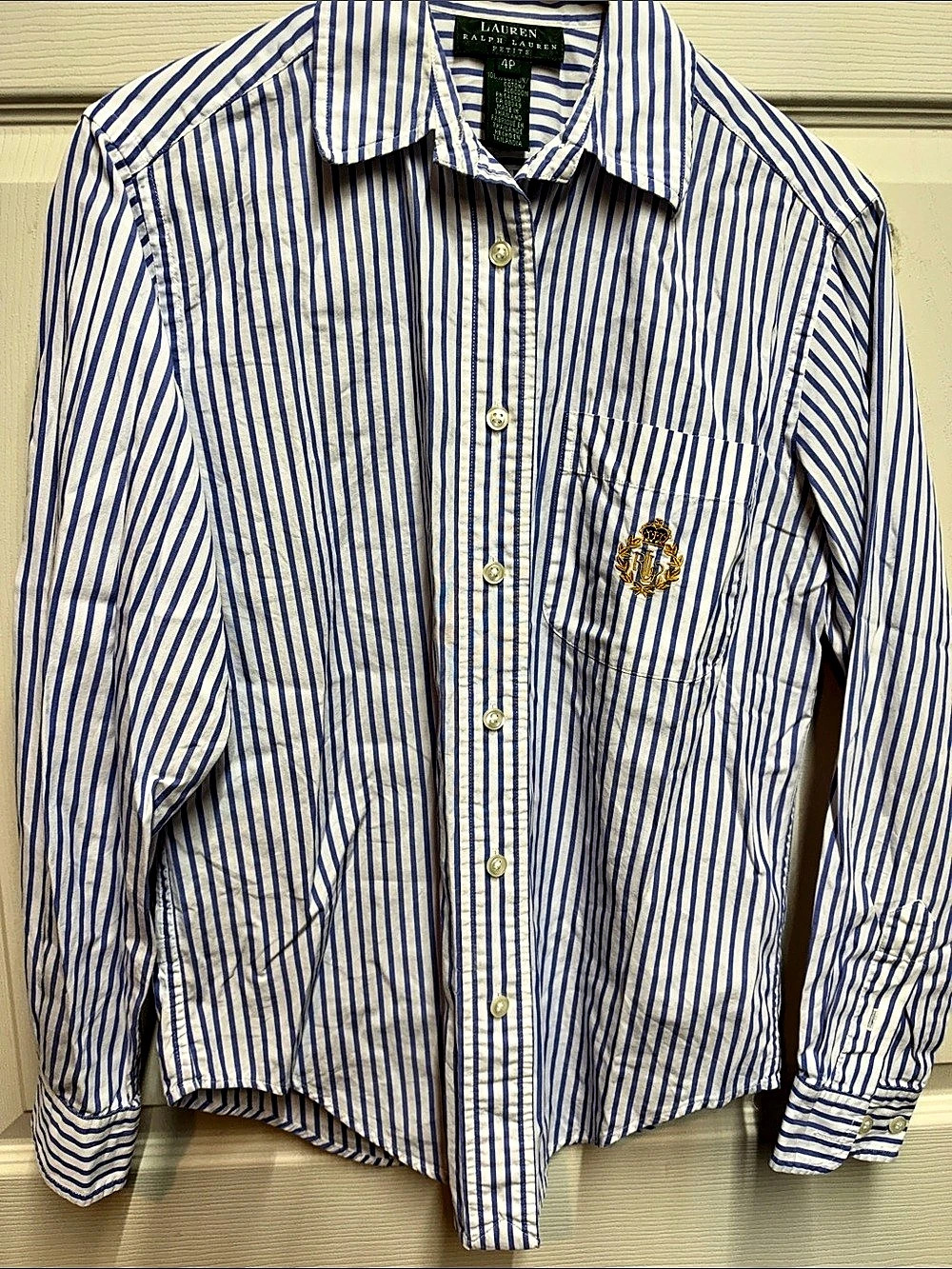 Lauren Ralph Lauren Blue White Striped Button Down Shirt with Crest Embroidery